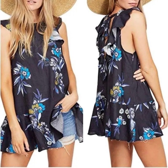 Free People Summer in Tulum Tunic Medium black floral ruffled linen BOHO top - Picture 1 of 9